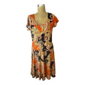 Ralph Lauren Vibrant Paisley Stretch Lined  Drop Waist  Dress - Orange Navy etc
